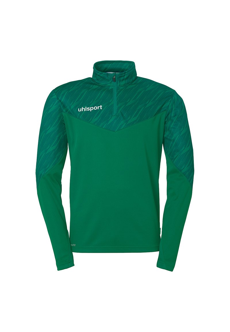 Grøn langærmet sports-pullover med lynlås i halsen. Øverste sektion har et struktureret mønster. Logo trykt i hvidt på venstre bryst.