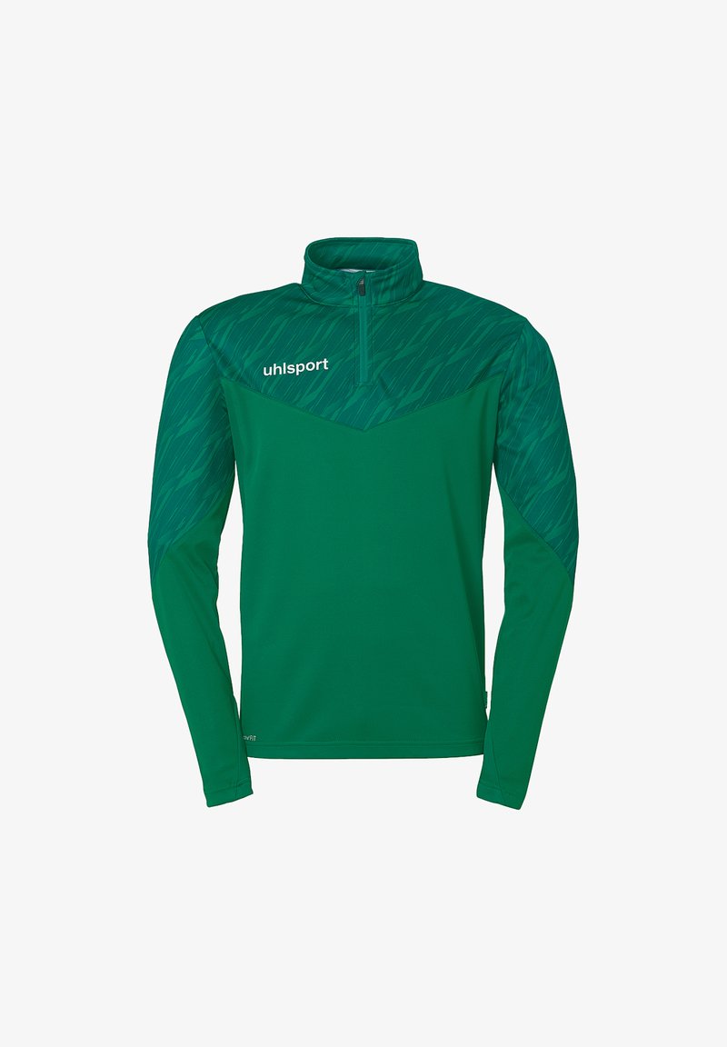 Grøn langærmet sports-pullover med lynlås i halsen. Øverste sektion har et struktureret mønster. Logo trykt i hvidt på venstre bryst.