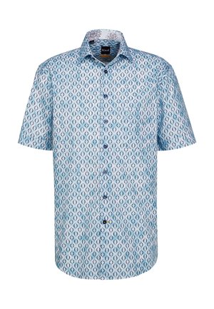 Kurzarm-Hemd aus hellblauem Stoff mit geometrischem Muster, gefertigt aus weichem Material und mit einer aufgesetzten Tasche auf der linken Seite.