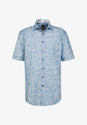 Kurzarm-Hemd aus hellblauem Stoff mit geometrischem Muster, gefertigt aus weichem Material und mit einer aufgesetzten Tasche auf der linken Seite.