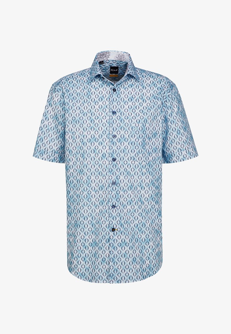 Camicetta a maniche corte con bottoni di colore azzurro chiaro, caratterizzata da un motivo geometrico, realizzata in un tessuto morbido e dotata di una tasca a toppa sul lato sinistro.