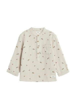 Helles beige Langarmhemd mit Henley-Ausschnitt, Knopfverschluss und kleiner Brusttasche. Es hat ein florales Muster in gedämpften Farben.