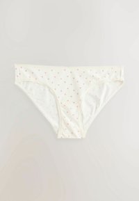 Damesbrief gemaakt van zacht materiaal in crème met een stippenpatroon in roze. Kenmerkt zich door een naadloos ontwerp en een elastische tailleband.