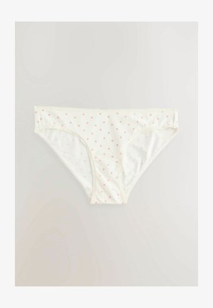 Kobiece stringi wykonane z miękkiego materiału w kolorze kremowym z różowymi grochami. Posiadają bezszwowy krój i elastyczną talię.