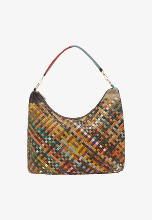 Borsa intrecciata multicolore dalla forma arrotondata, con una parte superiore in pelle liscia e un manico bicolore. Caratterizzata da un motivo vivace.
