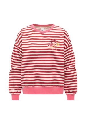 Rød- og hvitstripet genser med lange ermer, rosa mansjetter og kant, med et lite brodert design av et palmetre og sol på brystet.