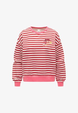 Rot-weiß gestreiftes Sweatshirt mit langen Ärmeln, pinken Bündchen und Saum, mit einer kleinen gestickten Palme und Sonnenmotiv auf der Brust.