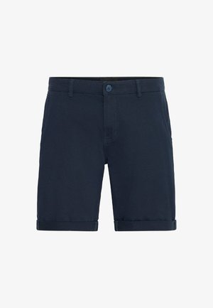 Námořnické modré bavlněné šortky s knoflíkovým zapínáním, ohrnutými lemy, předními kapsami a hladkým povrchem. Jednoduchý, clean design bez vzorů.