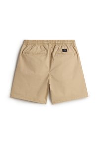 Beige shorts lavet af bomuldsblandingsstof, med elastisk talje, to baglommer og et lille mærke nær taljen.