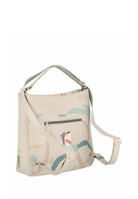 Beige Handtasche mit abstrakten, mehrfarbigen Mustern. Verfügt über einen oberen Griff, einen verstellbaren Schultergurt, eine vordere Reißverschlusstasche und eine glatte Textur.