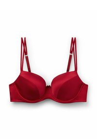 Sujetador acolchado rojo con tirantes ajustables, acabado satinado suave, soporte de aros, detalle de lazo en el centro y bordes con forma de ola en los tirantes.