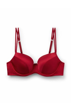 Roter gepolsterter BH mit verstellbaren Trägern, glatter Satinoberfläche, Unterstüzung durch Bügel, Schleifendetail in der Mitte und gewellten Kanten an den Trägern.