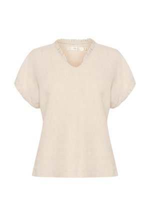 Bežinė lininė palaidinė su trumpomis rankovėmis, V formos iškirpte ir raukšlėtu iškirpimo akcentu. Minkšta tekstūra, laisvas siluetas ir minimalizmas.