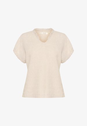 Bežinė lininė palaidinė su trumpomis rankovėmis, V formos iškirpte ir raukšlėtu iškirpimo akcentu. Minkšta tekstūra, laisvas siluetas ir minimalizmas.