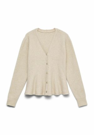Smėlio spalvos ilgomis rankovėmis kardiganas su V formos iškirpte ir penkiais dekoratyviniais mygtukais priekyje, ribbintais rankogaliais ir šiek tiek prailgintu apačia.