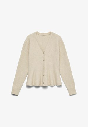 Smėlio spalvos ilgomis rankovėmis kardiganas su V formos iškirpte ir penkiais dekoratyviniais mygtukais priekyje, ribbintais rankogaliais ir šiek tiek prailgintu apačia.