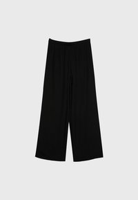 Pantalon noir à jambes larges en matière douce et extensible. Doté d'une taille élastique et d'une texture lisse. Aucun motif ou accent visible.
