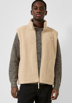Uomo che indossa un gilet in pile beige sopra un maglione a maglia grigio e pantaloni neri, in piedi davanti a uno sfondo grigio chiaro uniforme.