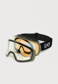 Lyžiarske okuliare s vymeniteľnými priehľadnými a jantárovými šošovkami, olivovozeleným rámom a čiernym elastickým pásikom s bielym logom EA7.