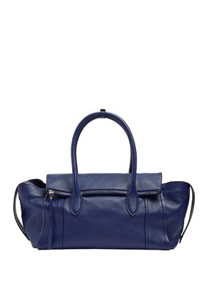 Granatowa skórzana torebka z podwójnymi uchwytami, przednią kieszenią na zamek i usztywnionym, prostokątnym kształtem.