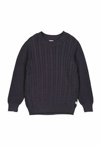 Tmavě námořnický pletený svetr s vzorem copánků, kulatým výstřihem, dlouhými rukávy a žebrovanými manžetami a lemem. Obsahuje malou nálepku na boku.