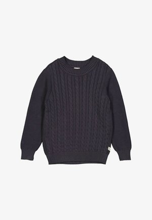 Pullover di maglia blu scuro con motivo a trecce, scollo rotondo, maniche lunghe e polsini e orlo a costine. Presenta un piccolo etichetta di lato.