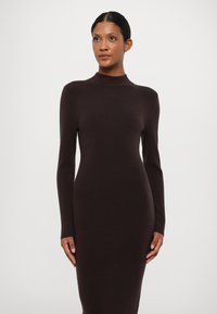 Robe en tricot marron avec un col haut et des manches longues, silhouette ajustée, texture douce et design minimaliste, présentée sur un fond blanc.