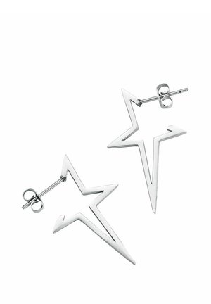 Silberfarbene kreisförmige Ohrringe in Sternform mit spitzen Kanten und Schmetterlingsverschluss vor weißem Hintergrund.