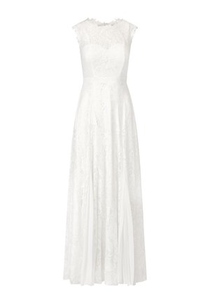 Weißes Spitzenkleid mit tailliertem Oberteil, gewelltem Ausschnitt und kurzen Ärmeln. Der lange Rock zeichnet sich durch eine fließende Silhouette und dezente Blumenmuster aus.