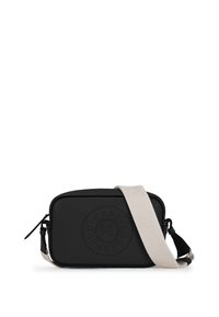 Black synthetic crossbody bag with a textured logo design. Features a light-colored adjustable strap and zip closure. Rectangular shape.