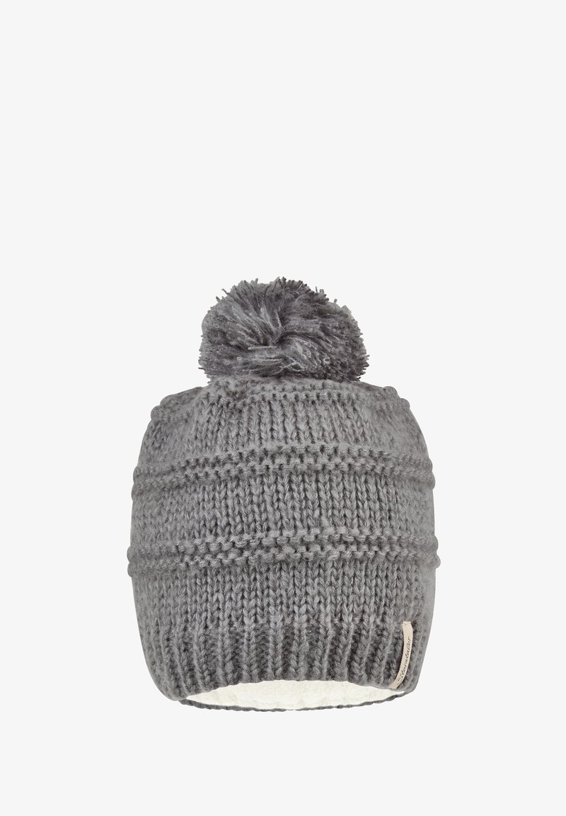 Graue Strickmütze mit strukturiertem Design, ausgestattet mit einem Pompon auf der Oberseite und einem Fleecefutter am unteren Rand. Etikett an der Seite.
