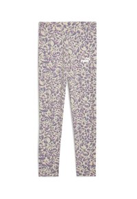 Des leggings en tissu beige clair avec un motif abstrait texturé dans des teintes de violet et de bleu. Un petit logo blanc est visible à l'avant.