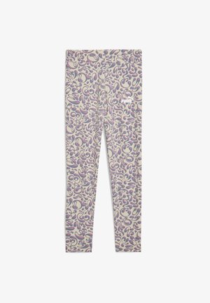 Leggings que presentan una tela de color beige claro con un patrón abstracto texturizado en tonos púrpura y azul. Un pequeño logo blanco es visible en el frente.