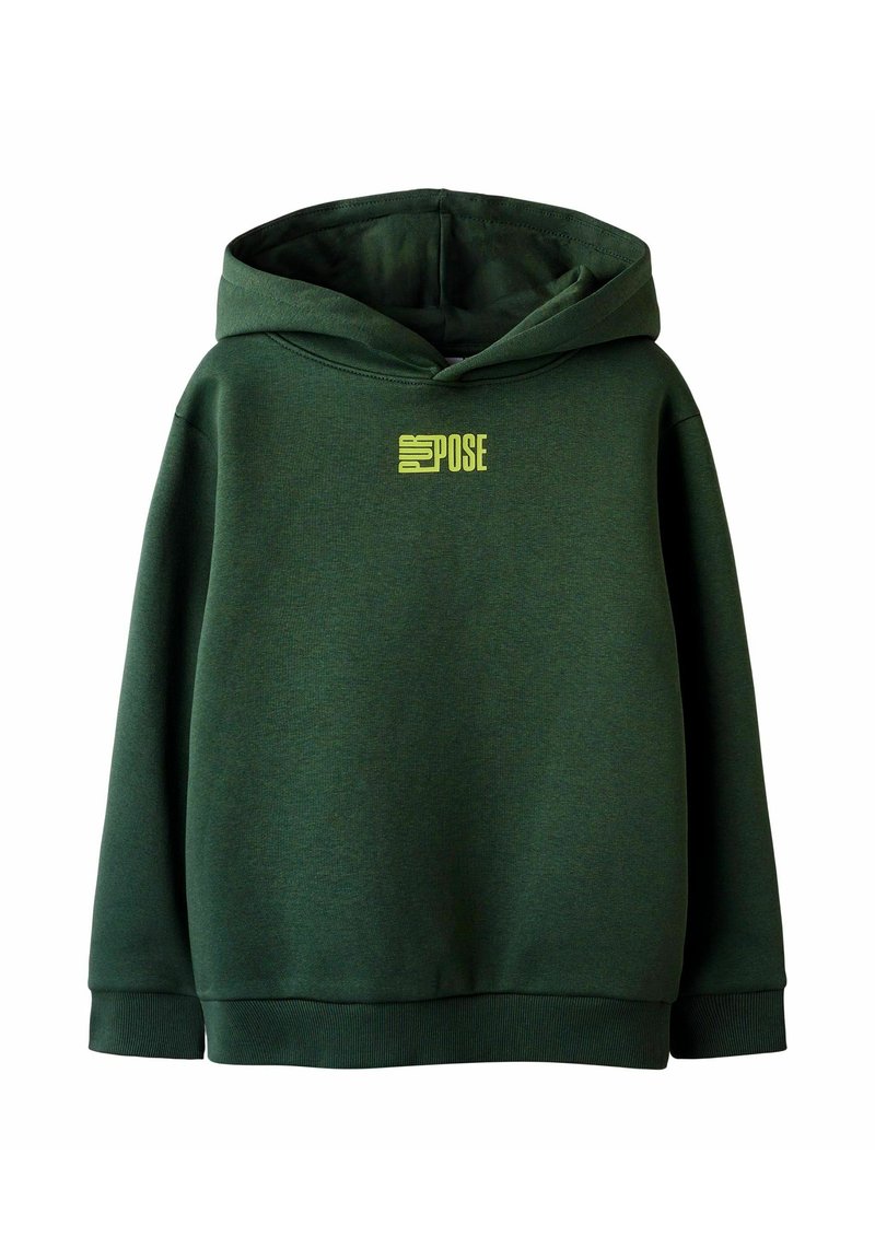 Felpa con cappuccio verde scuro con il testo giallo "PURPOSE" sul petto, con polsini e orlo a costine, esposta su sfondo bianco.
