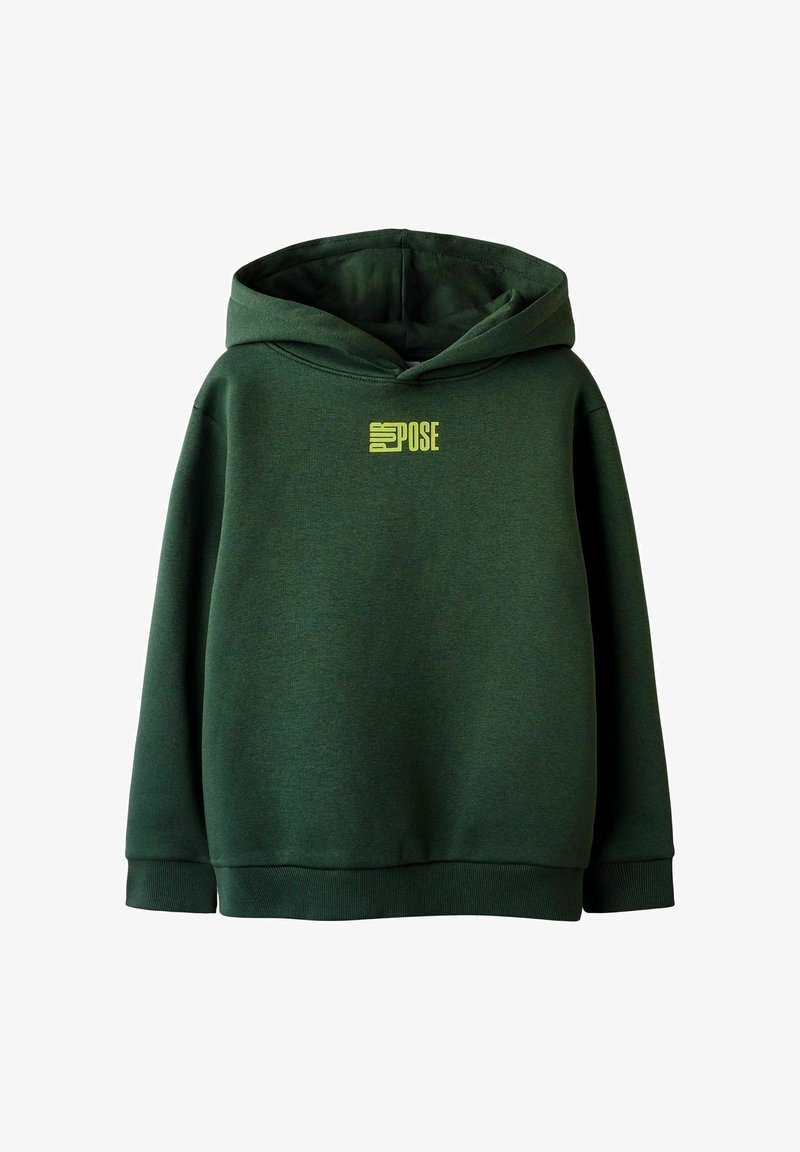 Felpa con cappuccio verde scuro con il testo giallo "PURPOSE" sul petto, con polsini e orlo a costine, esposta su sfondo bianco.