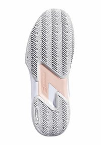 Suela de zapato deportivo con una superficie de goma blanca texturizada, que presenta un patrón de espiga y un acento rosa cerca del talón.