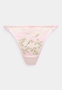 Δαντελένιο στρινγκ σε ροζ χρώμα με χρυσό ανθικό σχέδιο, με διάφανο μπροστινό μέρος και αδιάφανο πίσω. Διακοσμημένο με μικρά κουμπιά στα πλαϊνά.