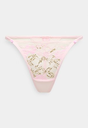 Spitzen-String in Pink mit goldenem Blumenmuster, vorne transparent und hinten blickdicht. Mit kleinen Knöpfen an den Seiten verziert.