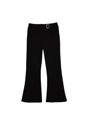 Pantaloni neri a zampa d'elefante realizzati in un tessuto elastico. Presentano una vita piatta con una piccola fibbia e due tasche frontali.