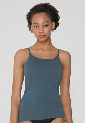 Débardeur teal en tissu doux, avec des bretelles fines, un col arrondi et une coupe ajustée, parfait pour une tenue décontractée ou à superposer.