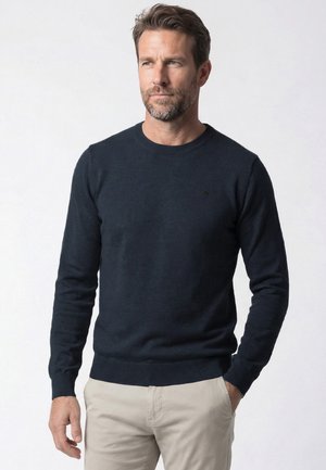 Man met kort bruin haar en baard, gekleed in een donkerblauwe trui en beige broek, staand voor een effen witte achtergrond.