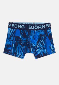 Sinised bokserid palmilehtede mustriga, valmistatud pehmest kangast, kontrastse navy sinise vöökoha külge on kantud "BJÖRN BORG" logo.