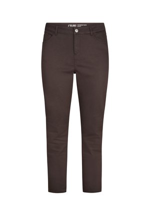 Donkerbruine slim fit broek met voorzakken, riemlussen en een knoopsluiting in de taille.