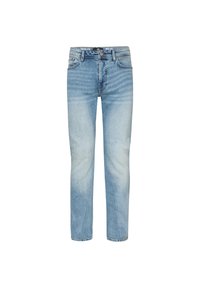 Vaqueros de denim azul claro con un corte recto, un ligero desgastado, cinco bolsillos y un cierre clásico de botón y cremallera en la cintura.