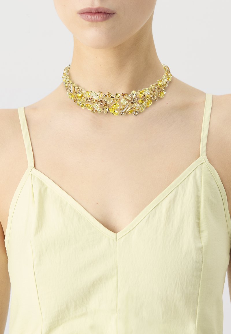 Choker necklace with yellow and clear gemstones, set in a golden metal frame, featuring a floral design. Worn on a bare collarbone.