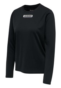 Schwarz langärmliges Sportoberteil aus glattem, leichtem Stoff mit rundem Halsausschnitt und einem weißen "HUMMEL"-Logo auf der Vorderseite.