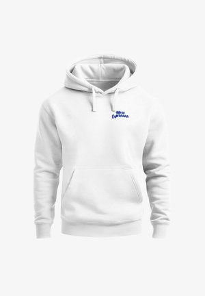 Weißer Hoodie mit Fronttasche und Kordelzug, mit kleinem blauen Schriftzug "More Espresso" auf der linken Brust.