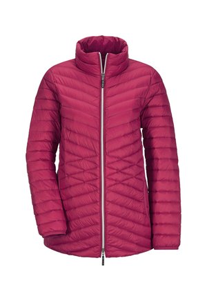 Veste matelassée en magenta pour femmes, avec col haut et fermeture éclair double sens sur toute la longueur, conçue pour les temps froids.