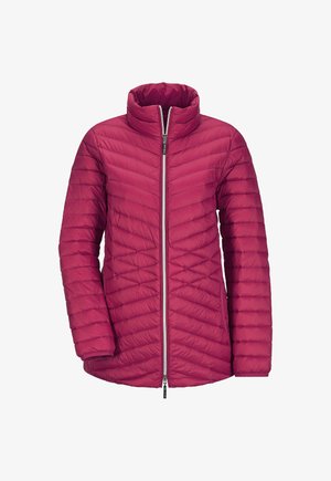 Damen Steppjacke in Magenta mit hohem Kragen und durchgehendem Zwei-Wege-Reißverschluss, entworfen für kaltes Wetter.