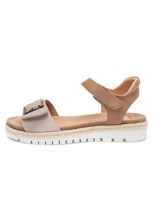 Beige and taupe open-toe sandal with adjustable ankle and front straps, cushioned sole, and white textured outsole.